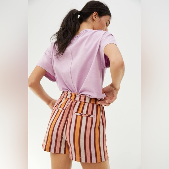 Anthropologie Red Pink Combo Belted Stripe Cotton Shorts $68 Boho hippie beach - Picture 3 of 12
